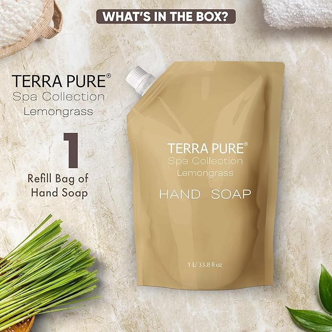 Terra Pure Spa Collection 1 Liter Hand Wash Refill Bag For Soap Dispensers | Bulk Toiletries for Vacation Rentals, and Home Bathroom Showers | Green Tea Lemongrass | Single