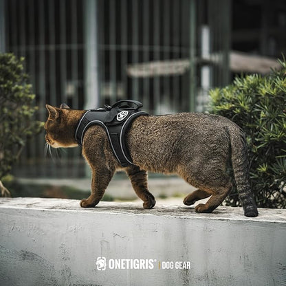 OneTigris Cat Harness and Leash - Escape Proof Soft Adjustable Kitten Harness, Breathable, Comfortable, Durable Water-Resistant Tactical Vest with Reflective Strips and Pocket for Cat Tracker
