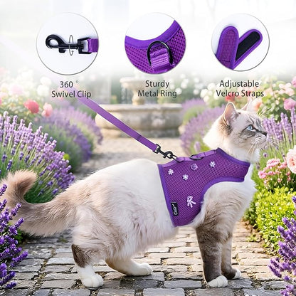 Cat Harness and Leash for Walking Escape Proof Breathable Mesh Fabric, Purple, Medium, Adjustable Cat Walking Jackets with DIY Beads, Padded Stylish Cat Vest