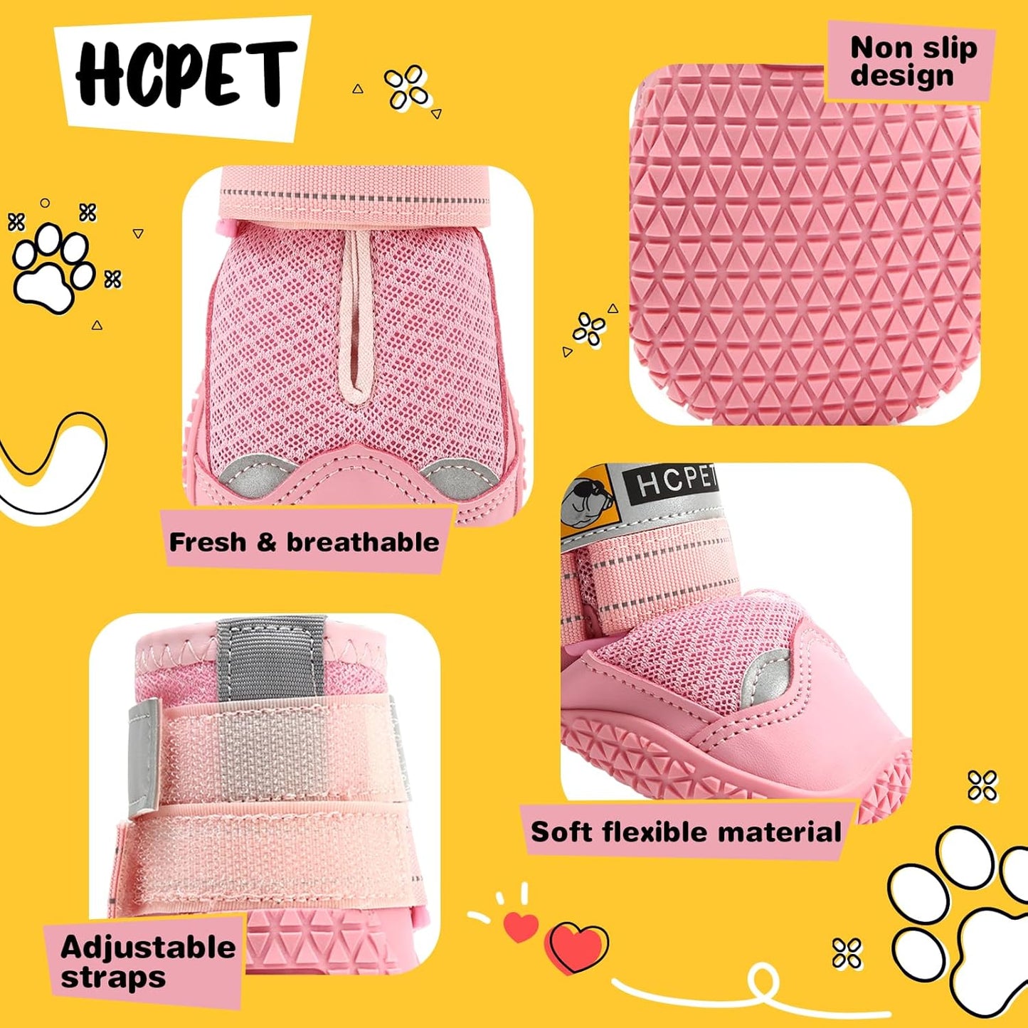 Hcpet Dog Shoes for Large Dogs, Breathable Dog Booties for Small Medium Dogs, Anti-Slip Dog Boots & Paw Protectors for Hot Pavement Winter Snow Hiking with Reflective Straps Pink Size 8