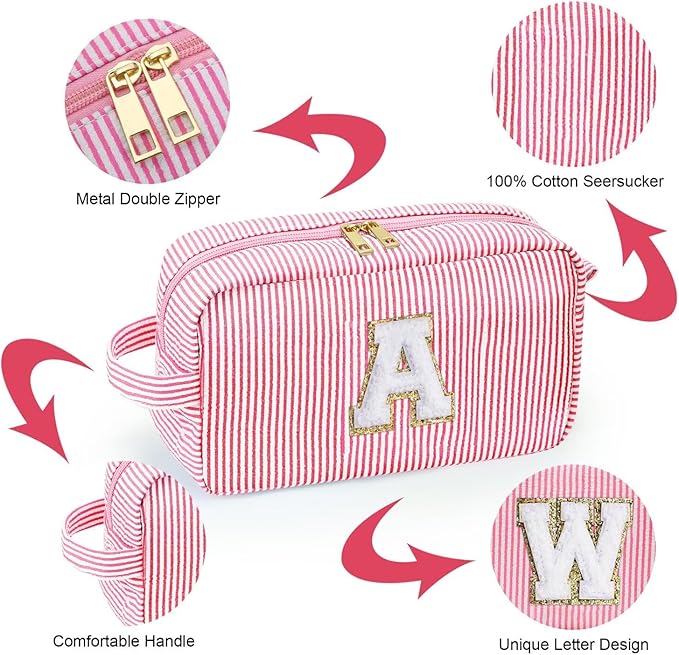 YOOLIFE Initial Cosmetic Bag for Women - Monogram Cute Initial Pink Makeup Bags Toiletry Pouch Make Up Case for Women Her Best Friend Friendship Sister Teacher, Personalized Birthday Gifts for Women O