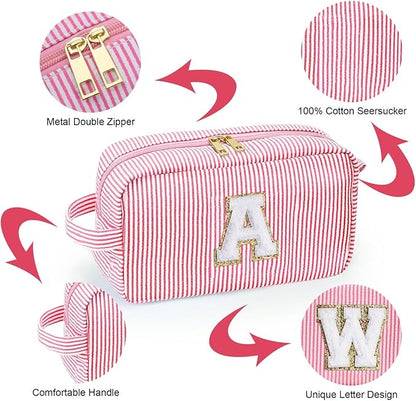 YOOLIFE Initial Cosmetic Bag for Women - Monogram Cute Initial Pink Makeup Bags Toiletry Pouch Make Up Case for Women Her Best Friend Friendship Sister Teacher, Personalized Birthday Gifts for Women O