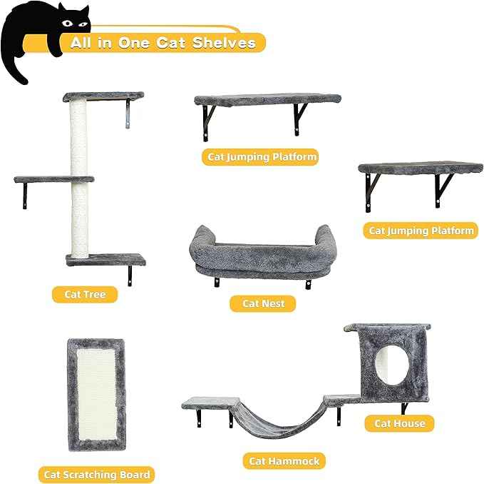 NUNU LAB Wall Mounted Cat Climber Set, 6 Pcs Cat Furniture Set with House, Bridge, Steps, Scratcher Board and Hammock, Shelves for Indoor, Luxury Walls Furniture(Dark)