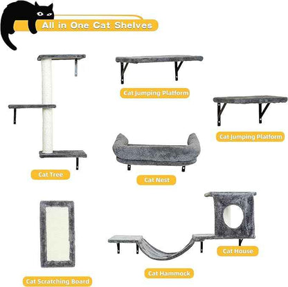 NUNU LAB Wall Mounted Cat Climber Set, 6 Pcs Cat Furniture Set with House, Bridge, Steps, Scratcher Board and Hammock, Shelves for Indoor, Luxury Walls Furniture(Dark)