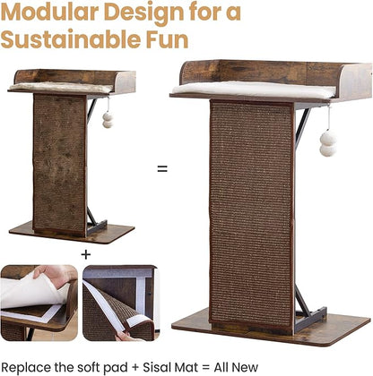 Modern Wood Cat Tree Tower for Indoor Large Cats, 33.8-Inch Tall Wooden Cat Trees with Big Perch Bed, Cat Scratching Pads, Washable Removable Cushions and Scratching Mat, Cat Furniture, Rustic Brown