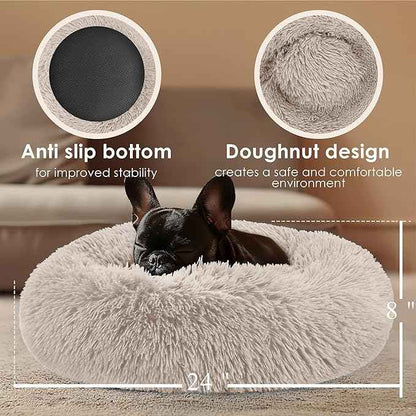 Dogs Bed for Small Dogs, Anti-Anxiety Washable Round Bed (Brown, 24.0" L x 24.0" W x 8.0" Th)
