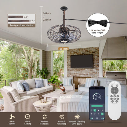 Pazala 15 Gazebo Ceiling Fans With Lights And Remote Control, Waterproof Enclosed Caged Ceiling Fan With 3 Color Led Light, Port