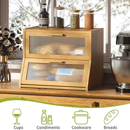 BMOSU Large Bread Box Double Layer Bamboo Bread Box for Kitchen Counter Container Farmhouse Bread Holder Capacity Bread Storage Bin(Natural)