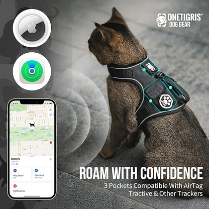 OneTigris Cat Harness and Leash - Escape Proof Soft Adjustable Kitten Harness, Breathable, Comfortable, Durable Water-Resistant Tactical Vest with Reflective Strips and Pocket for Cat Tracker