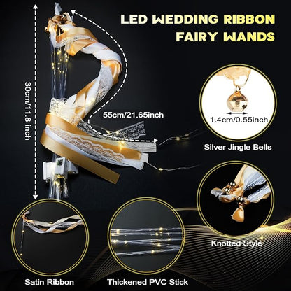 Unittype Wedding Wands Ribbon Streamers with Bells LED Fairy Light up Silk Fairy Wand Glow in the Dark Flashing Lace Stick for Wedding Birthday Party Favors (Champagne & Warm White LED,48 Pieces)