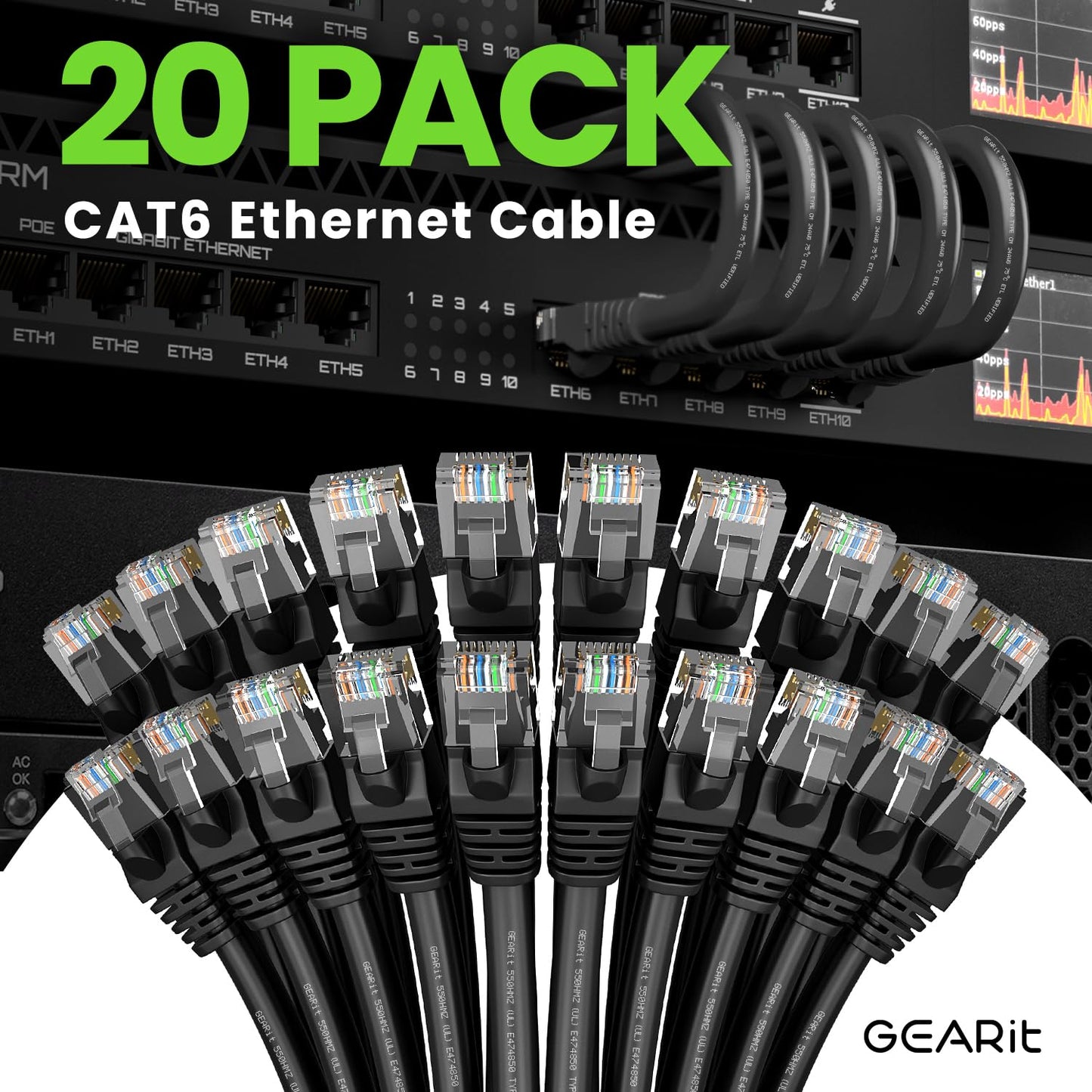 Gearit Cat 6 Ethernet Cable Pack - 20-Pack 1 Ft Cat6 Ethernet Patch Cables | Rj45 Network Patch Cable, 10 Gbps Snagless Gold-Pla