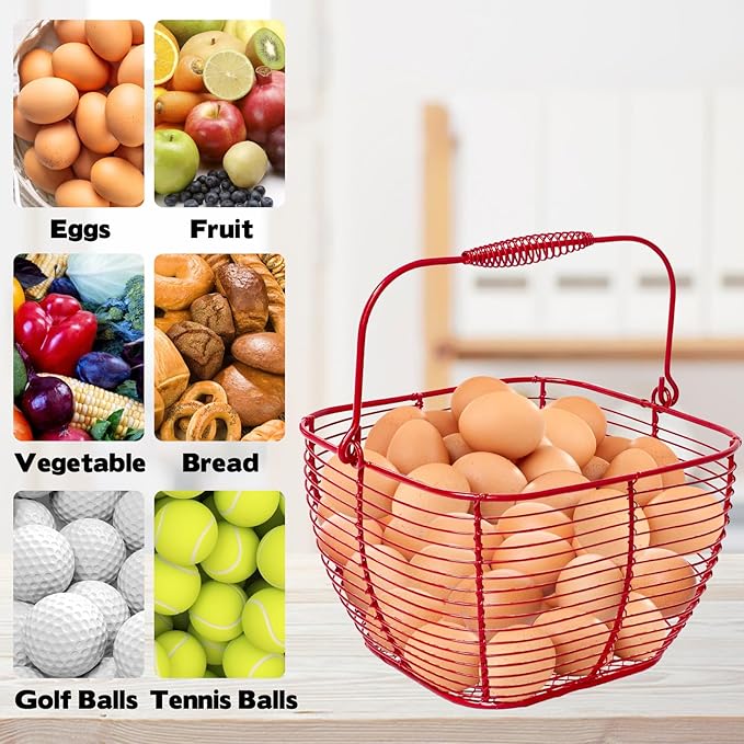 2 PCS Wire Egg Baskets for Gathering Fresh Eggs with Handle 7 Inch Red Square Metal Chicken Duck Eggs Collecting Countertop Basket Egg Holder Farmhouse Fruit Storage Container