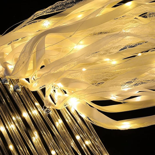 50 Pcs Wedding Wands Ribbon Streamers with 3 Colorful Flashing Modes, Light up LED Silk Fairy Wands, Glow Lace Stick with Bells for Wedding Reception, Graduation, New Year, Birthday Party (Warm White)