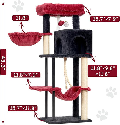 Cat Tree, Cat Tower for Indoor Cats, 43.3 inch Gothic Cat Tree Tower with Sturdy Steel Tube, Hammock, Cat Condo for Small Cats and Kittens, Scratching Post, Black and red GCT004SBR