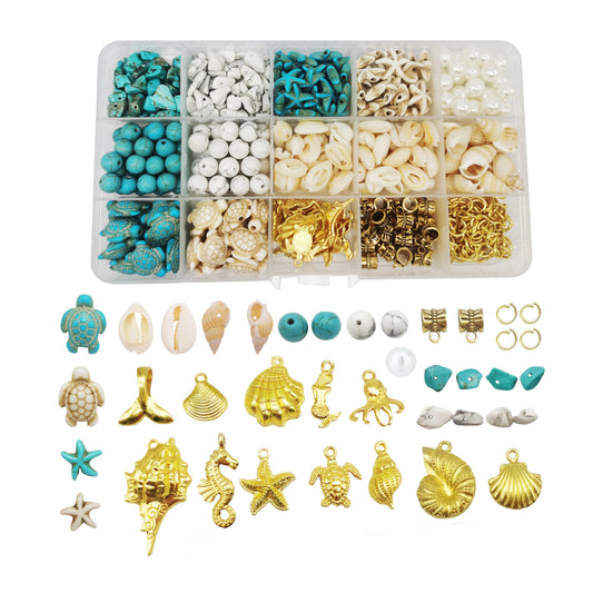 Julie Wang 55PCS Man-made Turquoise Beads Blue White Starfish Turtle Dolphin Fish Ocean Charms for Jewelry Making Summer Beach Beads Sea Pendants Necklace Earring Bracelet Craft DIY Supplies