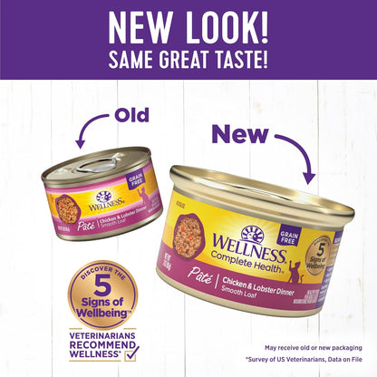 Wellness Complete Health Pate Adult Wet Cat Food, Natural, Protein-Rich, Grain Free, 3 Ounce, 24 Pack, (Chicken & Lobster)