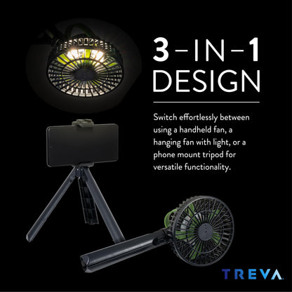 Treva 5 Inch Tripod Fan With Built-In Light And Attachable Phone Mount, Rechargeable 3-Speed Mini Fan With Handle For Travel, Ca