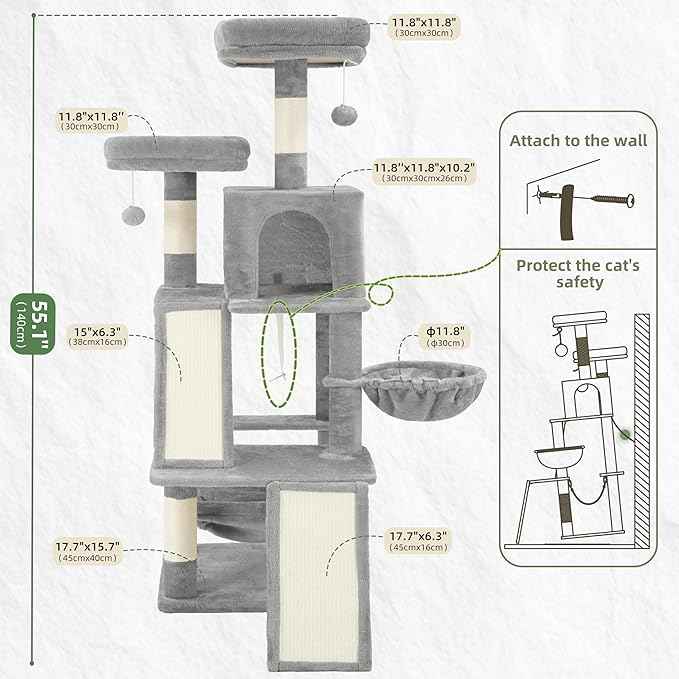 Multi-Level Cat Tree for Indoor Cats, Cat Tower with 2 Scratching Boards, 2 Plush Padding Platforms, Cat Condo House with Hammock, Basket, Light Gray GCT022W