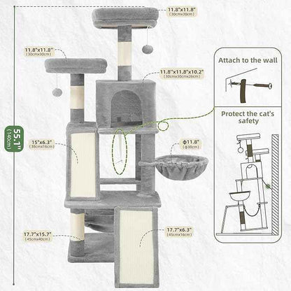 Multi-Level Cat Tree for Indoor Cats, Cat Tower with 2 Scratching Boards, 2 Plush Padding Platforms, Cat Condo House with Hammock, Basket, Light Gray GCT022W
