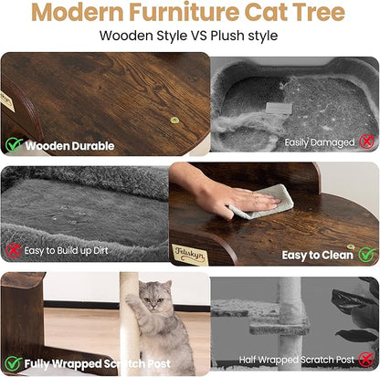 Modern Wood Cat Tree Tower for Indoor Large Cats, Cat Scratching Posts with Big Perch Bed, 44.8" Tall Multi-Level Wooden Cat Condo with Hammock, Removable Pads, Kitty Furniture, Rustic Brown