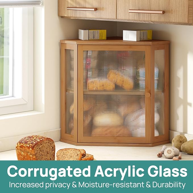 Corner Bread Box for Kitchen Counter, Bamboo Wood Large Capacity Bread Storage Bin with Acrylic Wavy Door Panel (Brown, Extra Large)