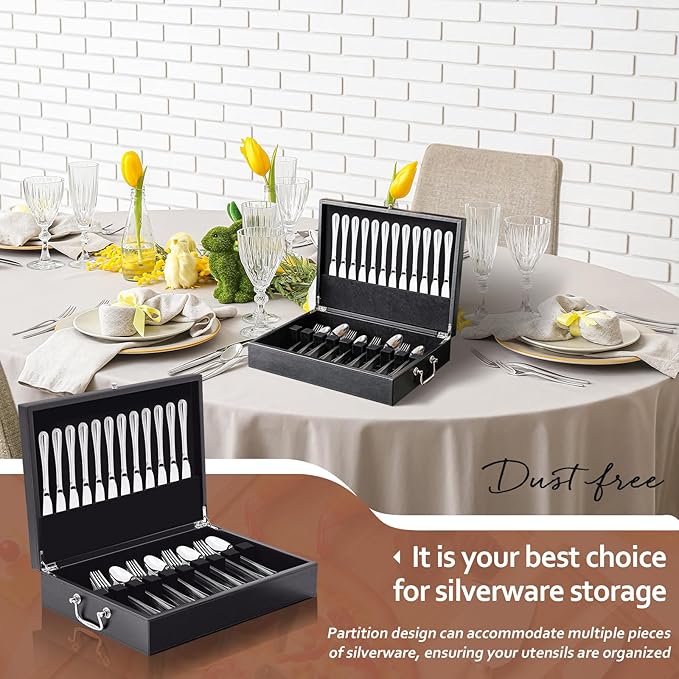 Leather Silverware Storage Box Flatware Storage Case with Felt Lined Leather Flatware Chest Silverware Organizer with Lid for Tableware Utensils Silver(1 Layer)