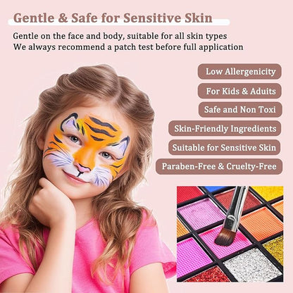 54 Color Face Painting Kit for Kids, Non Toxic Water Activated Face Paint kit Professional Palette with Multiple Facepaint Makeup Tools for Halloween, Carnival, Party, Creative Activities