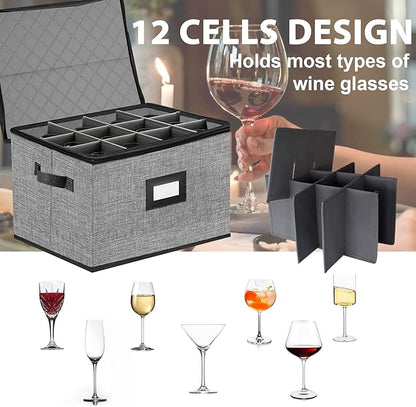 2PACK Quilted Wine Glass Storage Box,China Storage Containers hard shell,Moving Boxes,Storage Containers for Organizing,Stackable Stemware Storage Cases,Moving Supplies