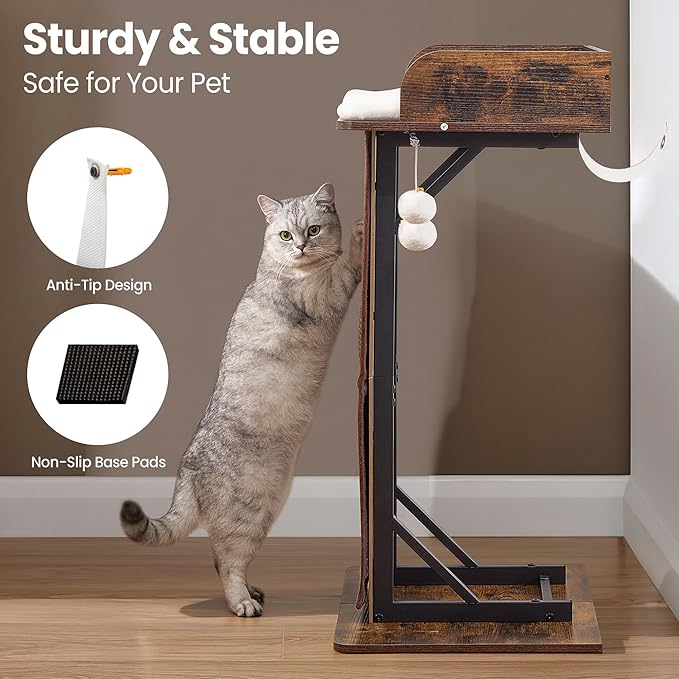 Modern Wood Cat Tree Tower for Indoor Large Cats, 33.8-Inch Tall Wooden Cat Trees with Big Perch Bed, Cat Scratching Pads, Washable Removable Cushions and Scratching Mat, Cat Furniture, Rustic Brown