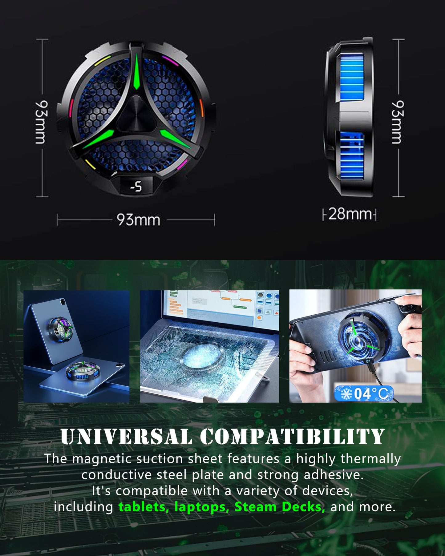 ACEDAYS Magnetic Cooler for iPad,Tablet Cooler for ipad/Surface pro/Samsung Tab,Universal Radiator with Temperature Display for Mobile Gaming,Tiktok Live Streaming (Green Mech)