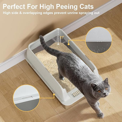 TENTIZON Large Stainless Steel Cat Litter Box, Open Top Metal Kitty Litter Tray with High Sides, Litter Mat, Scoop for Indoor Cats, Kitten,Big Cats, No Odor, No Mess, Leak Proof, Easy Clean