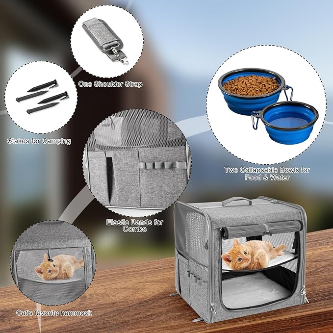 Suertree Cat Carrier for 2 Cats, Pet Travel Carrier for Cats and Small Dogs Up to 45 Lbs, Bowls, and Locking Zippers