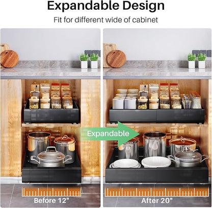 Pull out Cabinet Organizer, Expandable(12"-20") Heavy Duty Slide out Drawer Fixed with Adhesive Nano Film for Pots, Roll out Shelf Storage for Kitchen Base Cabinet Organization, Pantry, Bathroom