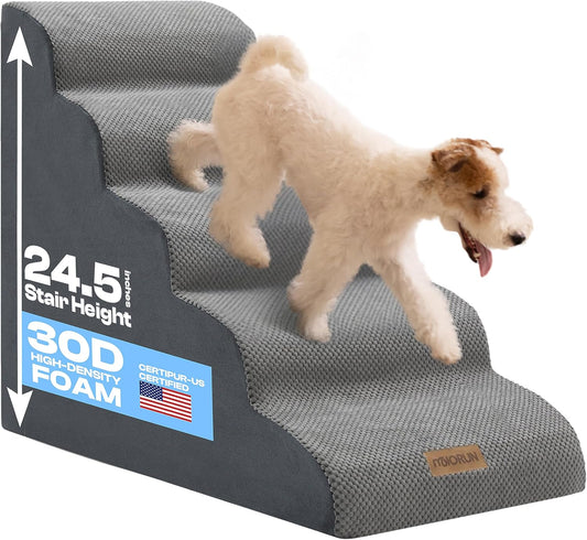 Dog Stairs for High Beds Up to 30", Extra-Tall 24.5" 5-Step Foam Pet Ramp with Washable Cover, Gentle Slope Steps, Bed & Couch Ladder for Small Medium Dogs & Senior Cat, Puppy Climbing Stairs