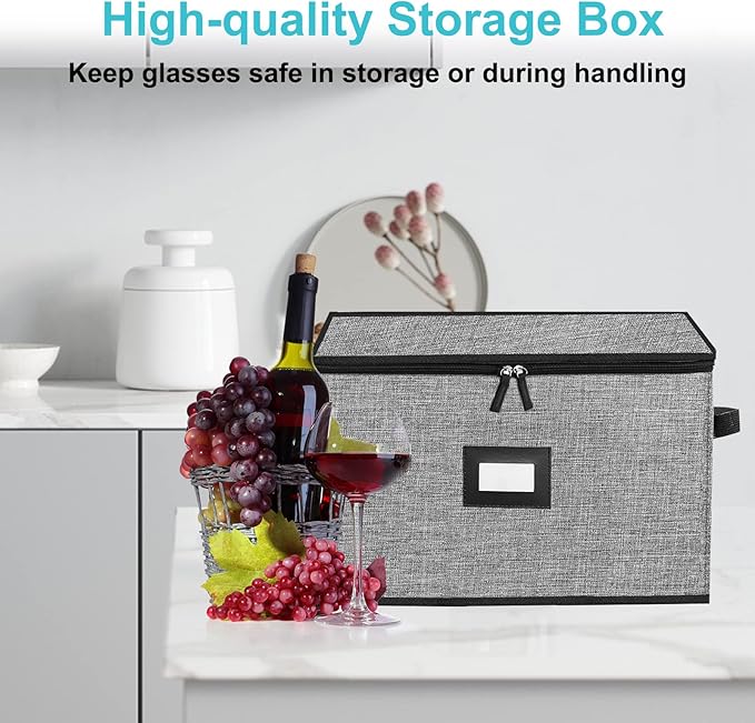 2PACK Quilted Wine Glass Storage Box,China Storage Containers hard shell,Moving Boxes,Storage Containers for Organizing,Stackable Stemware Storage Cases,Moving Supplies