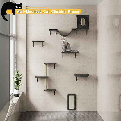 NUNU LAB Wall Mounted Cat Climber Set, 6 Pcs Cat Furniture Set with House, Bridge, Steps, Scratcher Board and Hammock, Shelves for Indoor, Luxury Walls Furniture(Dark)