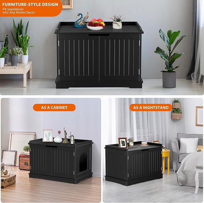 Zeny Cat Litter Box Enclosure, Wooden Cabinet with Divider, Modern Storage Bench, Fit Most Litter Box (Black)