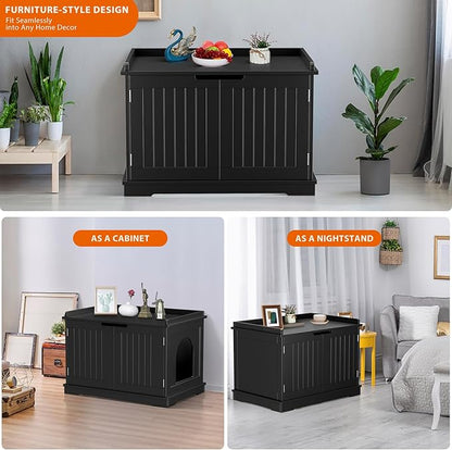 Zeny Cat Litter Box Enclosure, Wooden Cabinet with Divider, Modern Storage Bench, Fit Most Litter Box (Black)