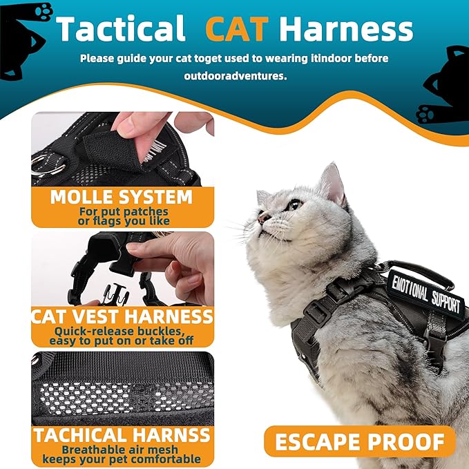 Tactical Cat Harness Black for Walking Esacpe Proof,Adjustable Soft Mesh Large Cat Vest with Rubber Handle Easy to Control,Molle Patches XL