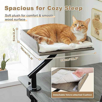 PAWZ Road Cat Desk Bed, Wooden Cat Bed for Desk Supports Up to 50 lbs, 360° Rotation & Adjustable, Nest Desktop Attachment Cats Hammock for Table, Gray