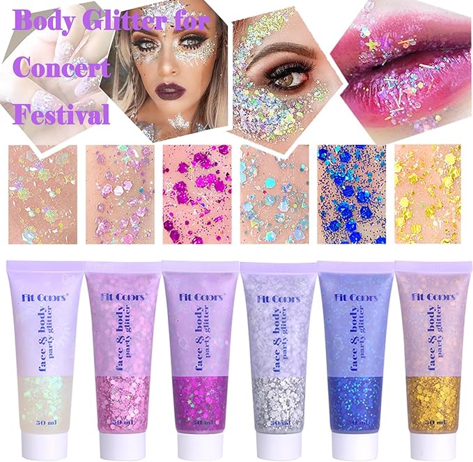 Body Glitter Face Glitter Gel: Singer Concerts Disco Festival Rave Accessories Face Glitter Makeup 250ml Chunky Sequins Mermaid Face Body Hair Glitter Gel (White&Pink&Gold&Green&Red)