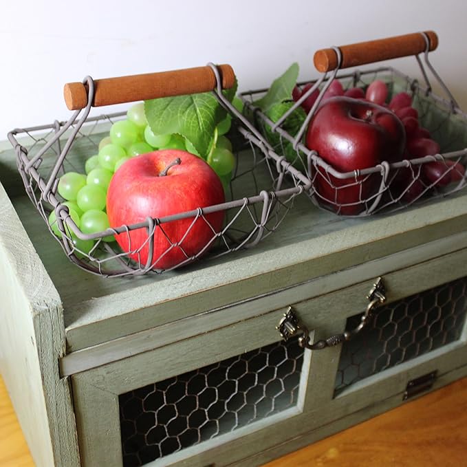 CVHOMEDECO. Chicken Wire Egg Baskets Rust Gathering Baskets with Wooden Handle Country Vintage Style Storage Baskets. Set of 2 (Square)