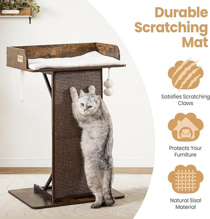 Modern Wood Cat Tree Tower for Indoor Large Cats, 33.8-Inch Tall Wooden Cat Trees with Big Perch Bed, Cat Scratching Pads, Washable Removable Cushions and Scratching Mat, Cat Furniture, Rustic Brown