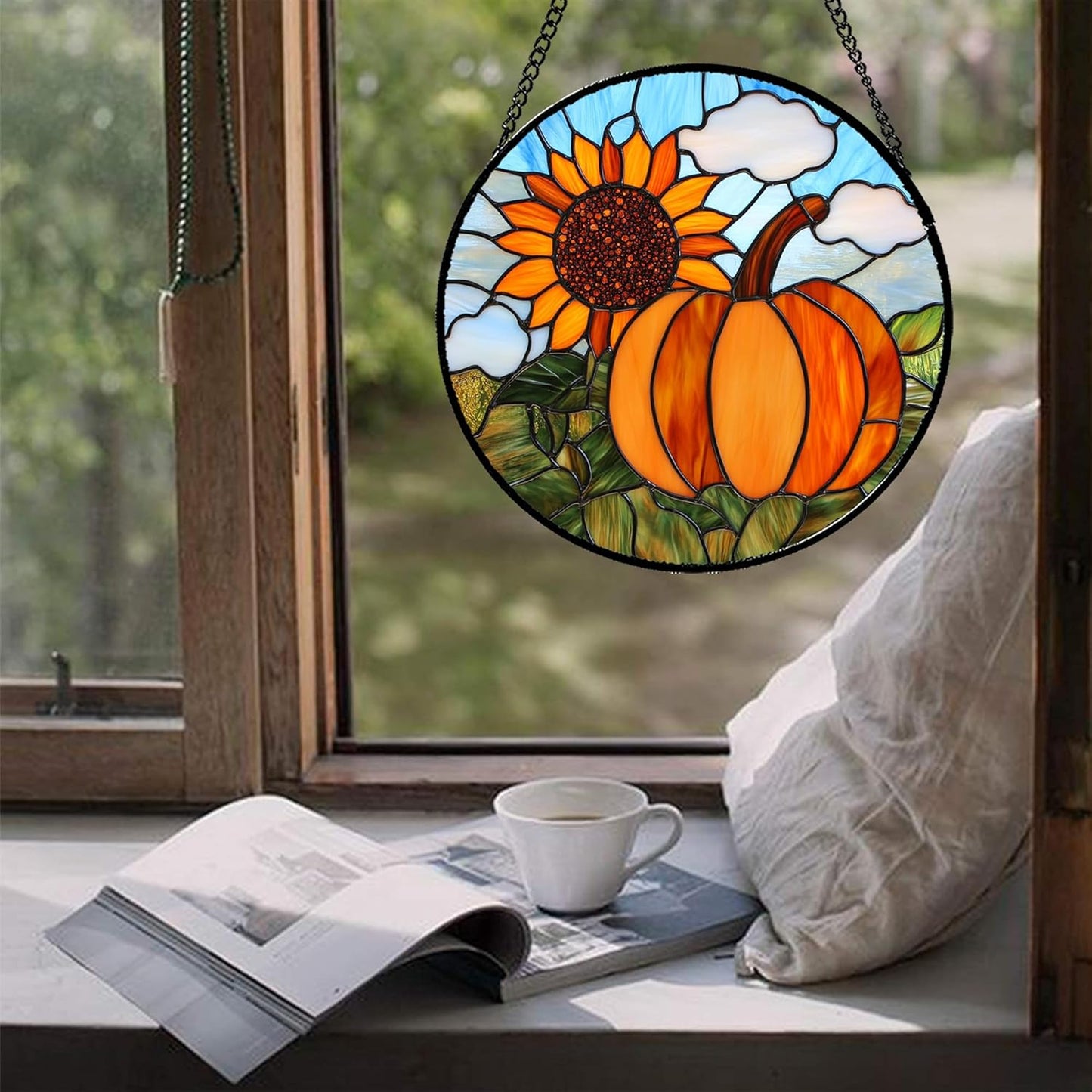Stained Glass Window Hanging Fall Farm Scenery Sunflower Pumpkin 6.3" - Suncatcher Door Garden Kitchen Sunroom Sun Catcher Home Decor Birthday for Mom Grandma Men Woman