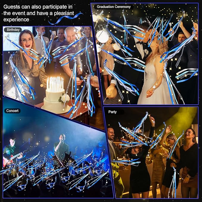 100 Pcs Wedding Wands Ribbon with 3 Colorful Flashing Modes, Light up LED Silk Fairy Wands, Glow Lace Stick with Bells for Wedding Reception, Graduation, New Year, Birthday Party (Blue)