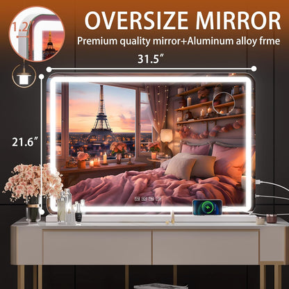 Hasipu Vanity Mirror with Lights and Bluetooth Speaker, 32" x 21.7" LED Makeup Mirror, Lighted Makeup Mirror with Dimmable 3 Modes, USB Charging Port, Round White