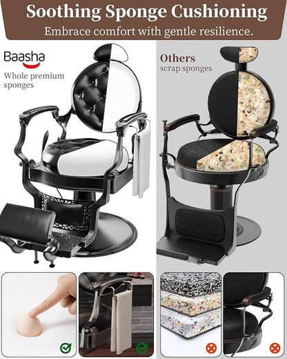 Baasha Classic All-Black Barber Chair, Retro Reclining Salon Chair with Thick Padding & Adjustable Headrest, Heavy-Duty Construction, Tattoo & Hair Chair