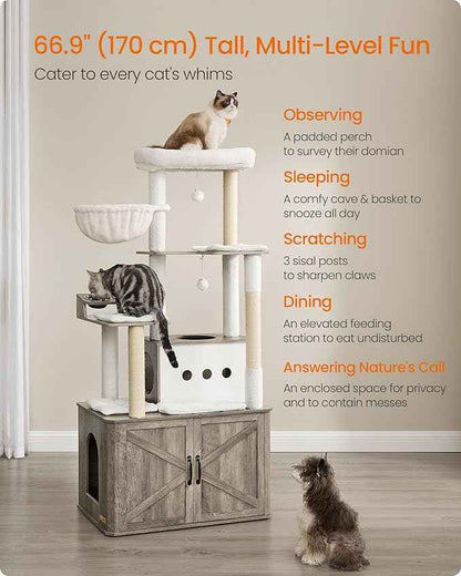 Feandrea Cat Tree, 66.9-Inch Cat Tower with Litter Box Enclosure, Large Condo with Food Station, Storage, Scratching Posts, Cave, Hammock, Washable Cushions, Heather Greige UPCT169K02