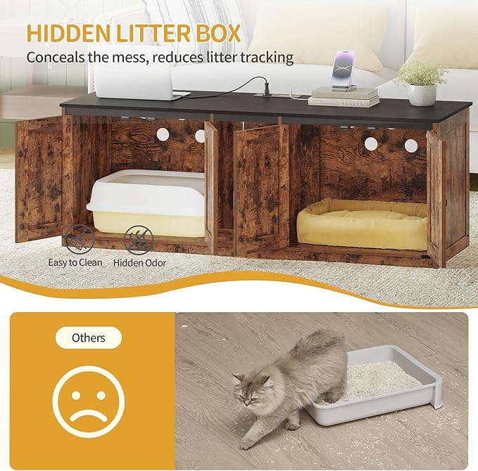 55" L Cat Litter Box Enclosure for 2 Cats, Double Hidden Litter Box Furniture with Scratch Pad, Wooden Cat Cabinet with USB Ports & Power Outlets, Farmhouse TV Stand, Rustic Brown CB82501X