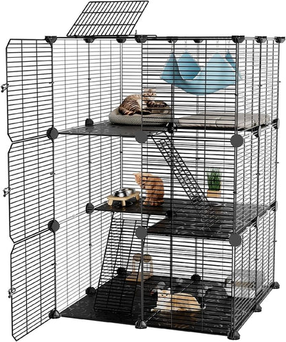Large Cat Cage Indoor: Enclosed Cat Enclosure DIY Pet Playpen Detachable Metal Wire Kennel Sturdy Crate with Hammock for Cats Kitten